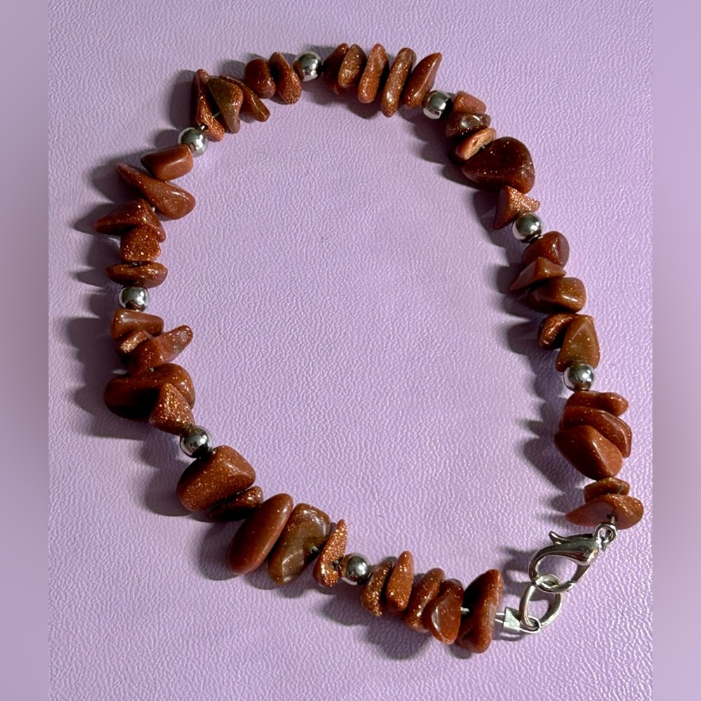 Hand Crafted Goldstone & Silver Beads W/ Lobster Claw  Clasp Bracelet